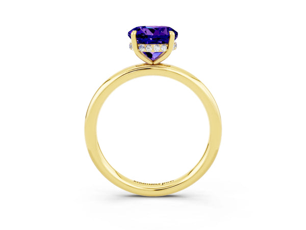 Yellow gold Round Cut Tanzanite Solitaire Ring with Thin Band and Four-Prong Setting