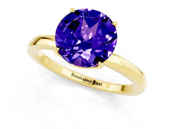 Yellow gold Round Cut Tanzanite Solitaire Ring with Thin Band and Prong Setting