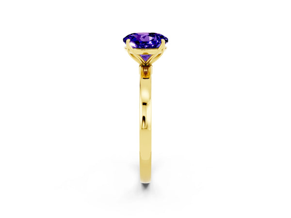 Yellow gold Round Cut Tanzanite Solitaire Ring with Thin Band and Prong Setting