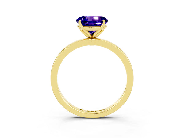 Yellow gold Round Cut Tanzanite Solitaire Ring with Thin Band and Prong Setting