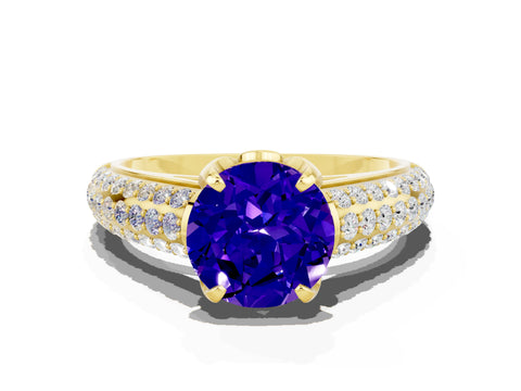 Yellow gold Round Cut Tanzanite Solitaire Ring with Three-Row Pavé Band and Four-Prong Setting_12