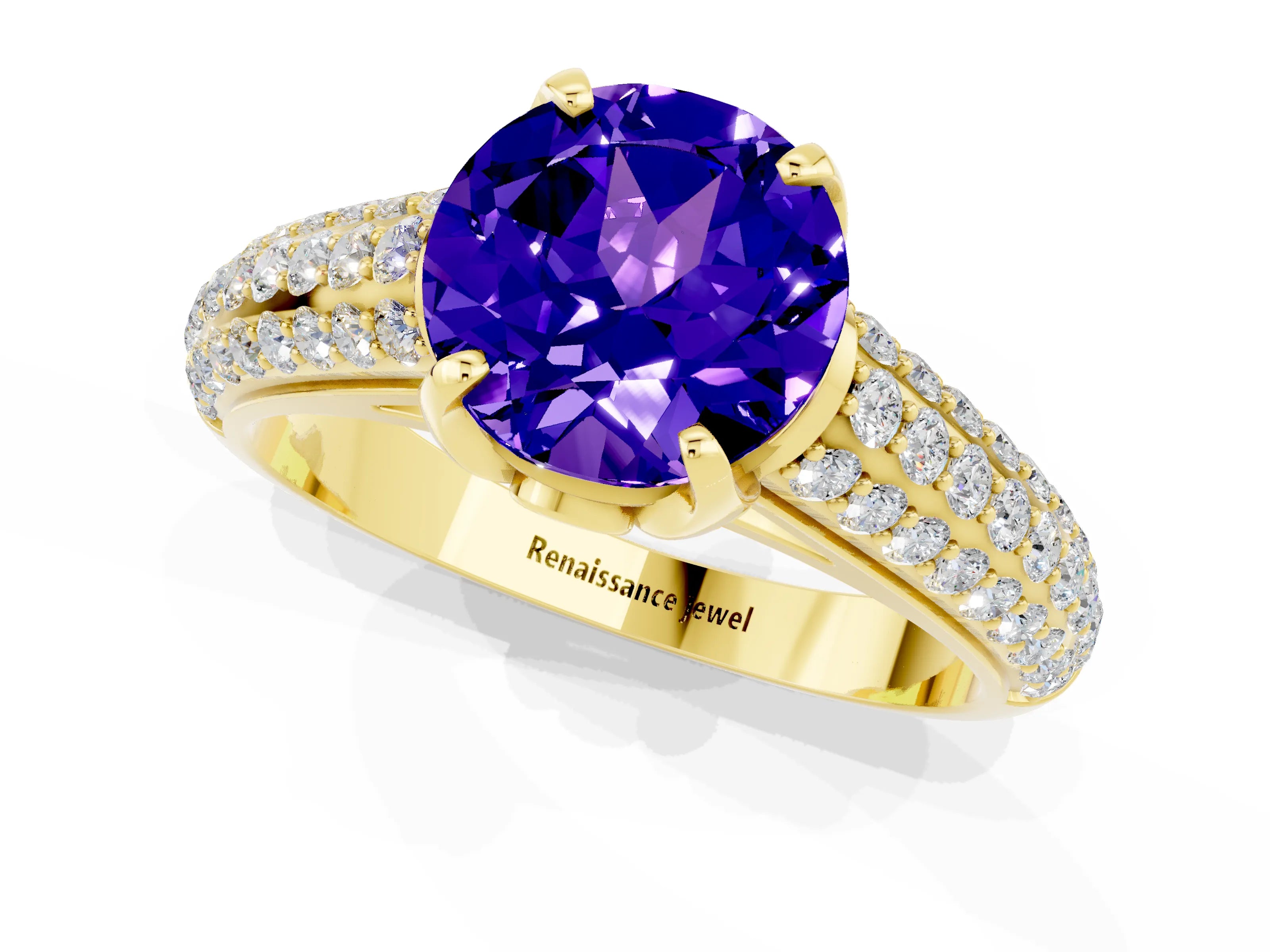 Yellow gold Round Cut Tanzanite Solitaire Ring with Three-Row Pavé Band and Four-Prong Setting_13