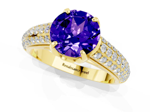 Yellow gold Round Cut Tanzanite Solitaire Ring with Three-Row Pavé Band and Four-Prong Setting_13
