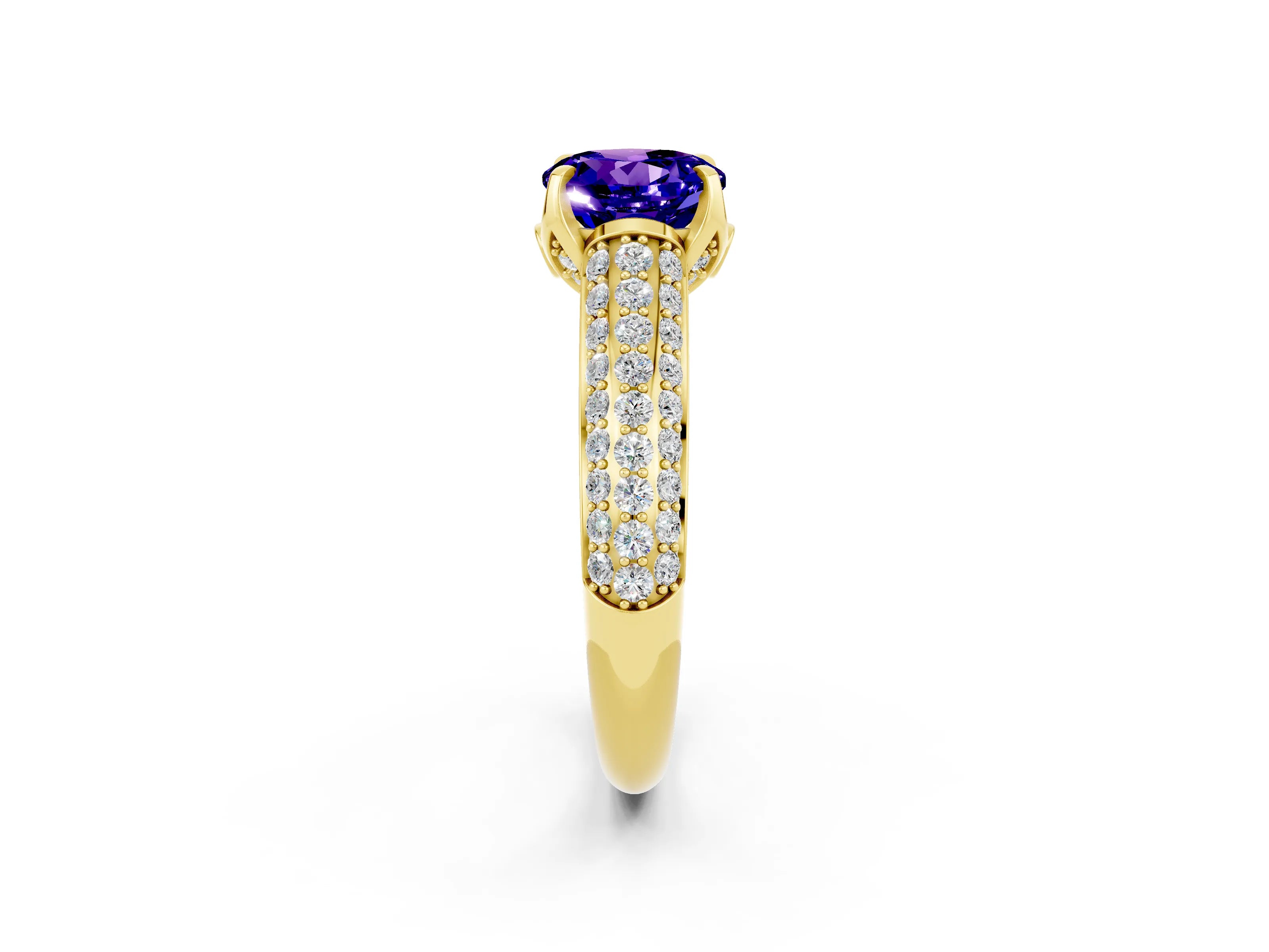 Yellow gold Round Cut Tanzanite Solitaire Ring with Three-Row Pavé Band and Four-Prong Setting_14
