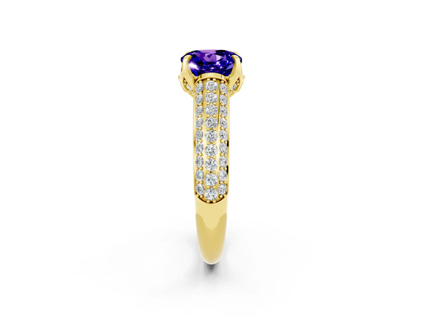 Yellow gold Round Cut Tanzanite Solitaire Ring with Three-Row Pavé Band and Four-Prong Setting