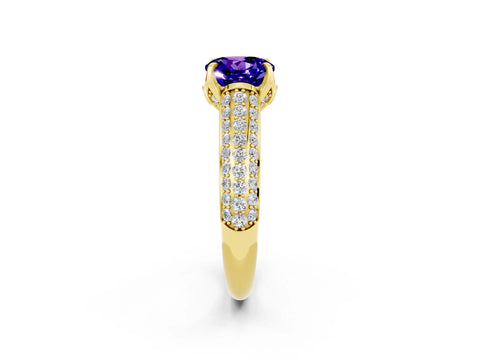 Yellow gold Round Cut Tanzanite Solitaire Ring with Three-Row Pavé Band and Four-Prong Setting_14