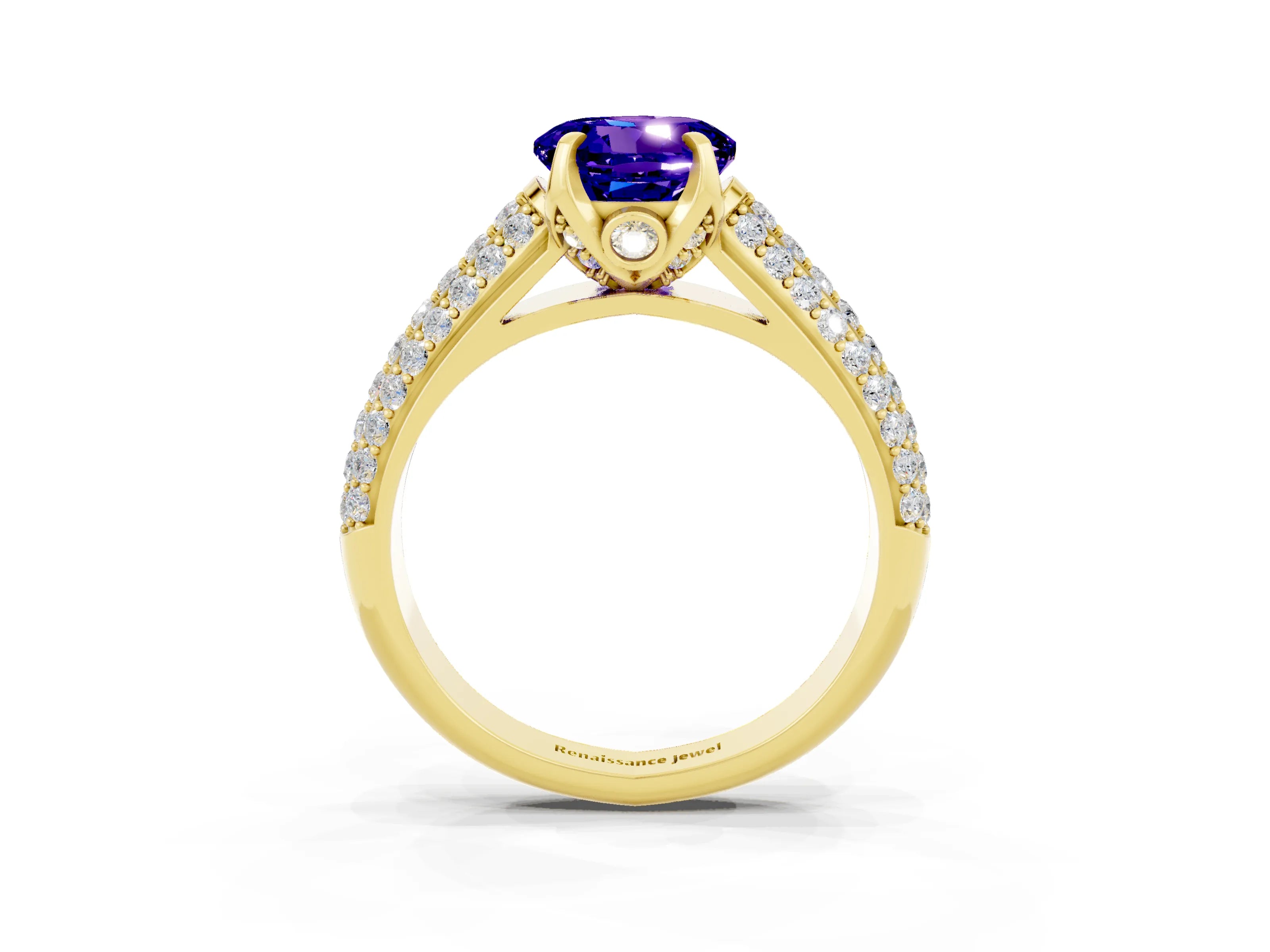 Yellow gold Round Cut Tanzanite Solitaire Ring with Three-Row Pavé Band and Four-Prong Setting_15