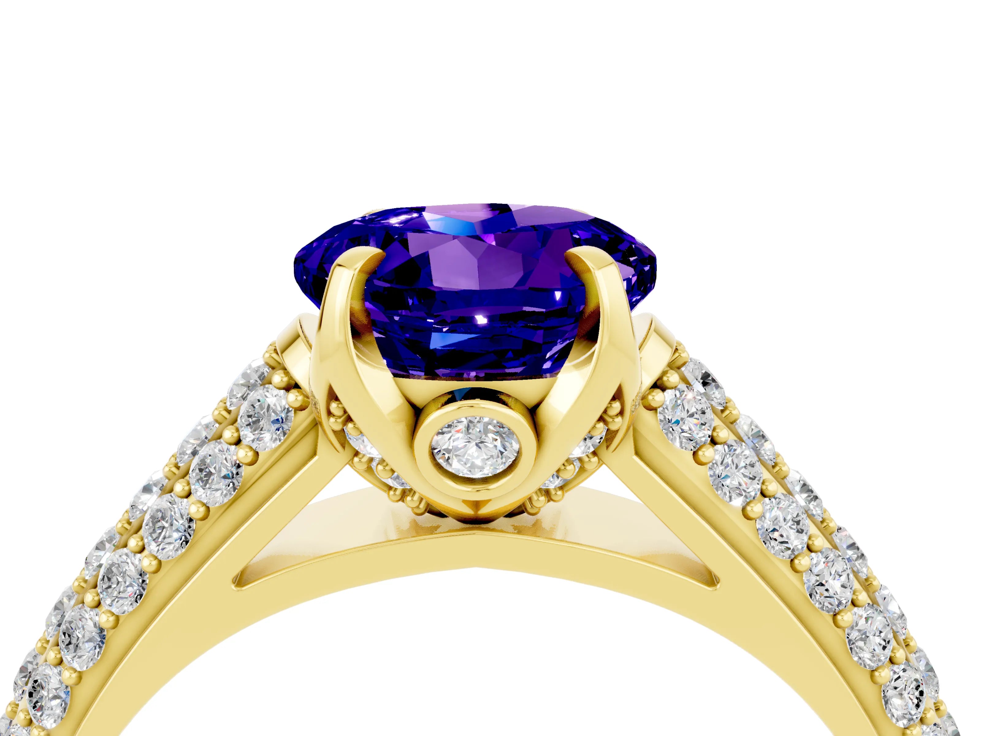 Yellow gold Round Cut Tanzanite Solitaire Ring with Three-Row Pavé Band and Four-Prong Setting_16