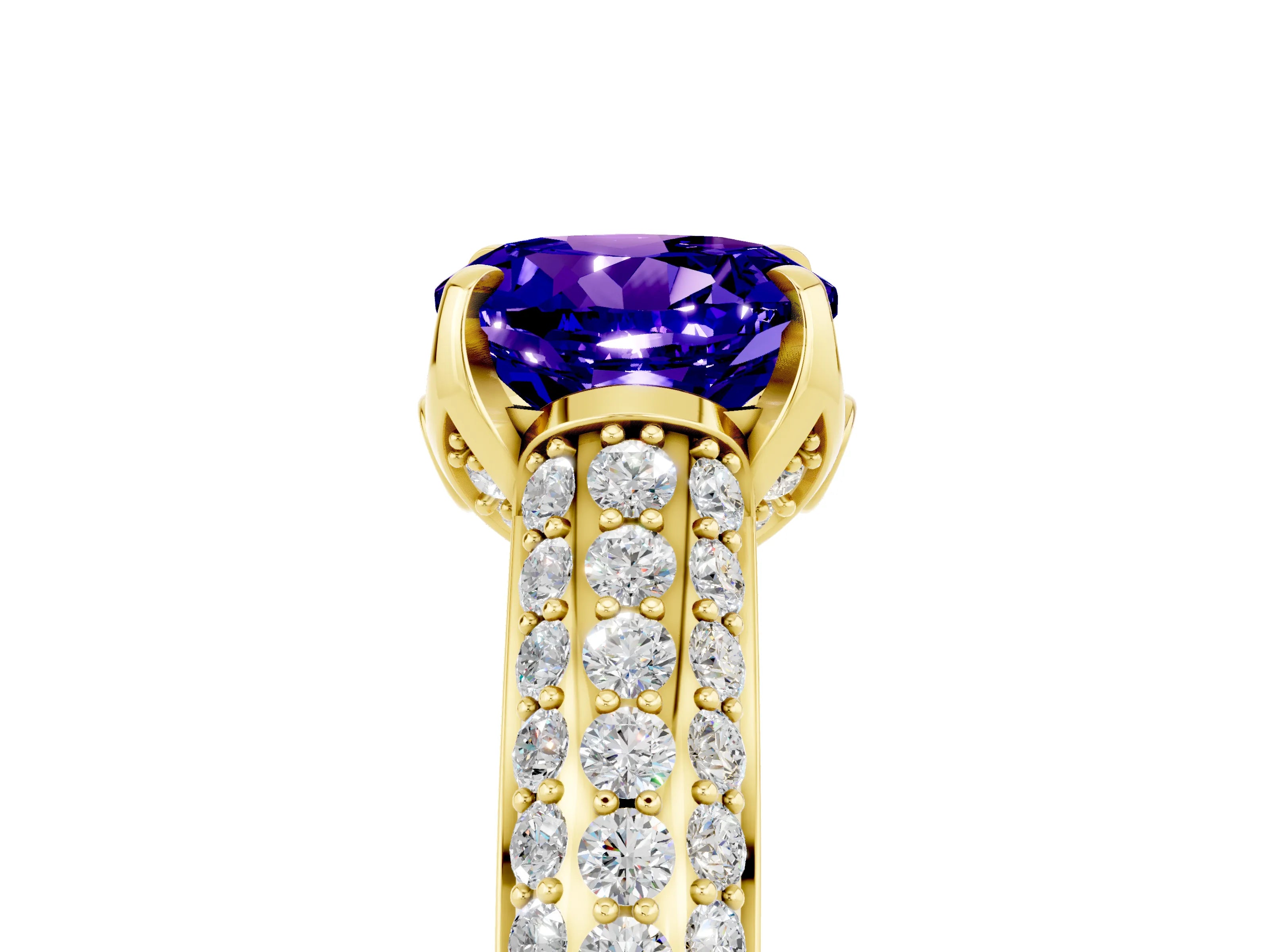 Yellow gold Round Cut Tanzanite Solitaire Ring with Three-Row Pavé Band and Four-Prong Setting_17
