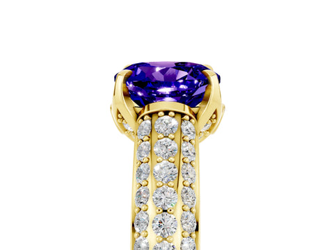 Yellow gold Round Cut Tanzanite Solitaire Ring with Three-Row Pavé Band and Four-Prong Setting_17
