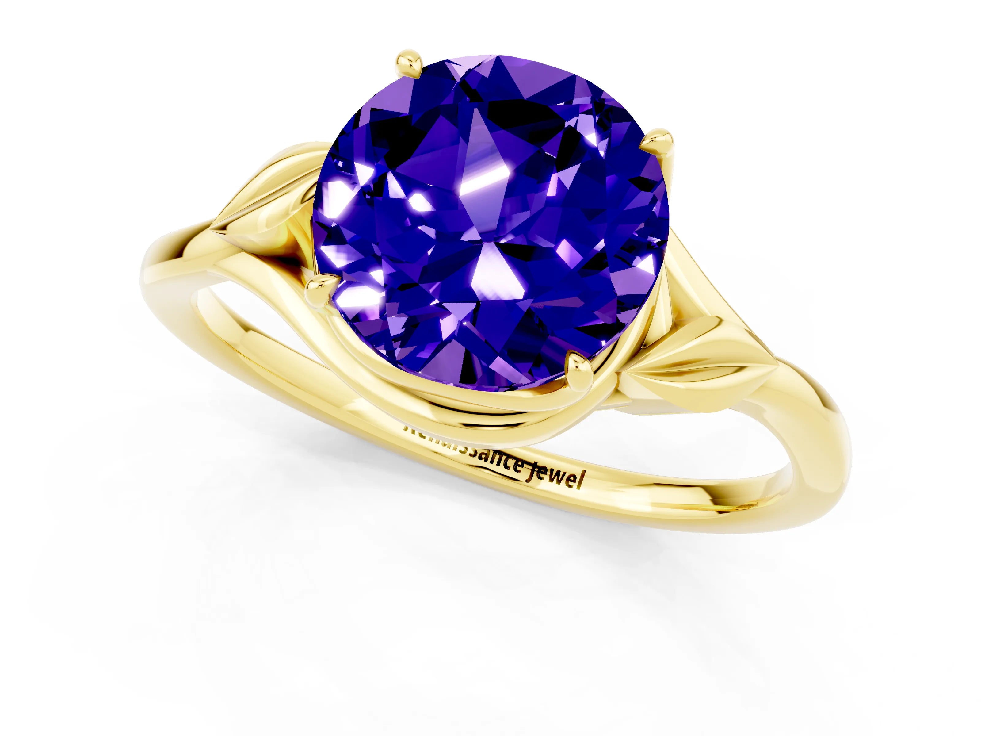 Yellow gold Round Cut Tanzanite Solitaire Ring with Twist Band and Four-Prong Setting_25
