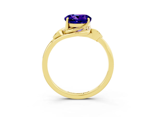 Yellow gold Round Cut Tanzanite Solitaire Ring with Twist Band and Four-Prong Setting
