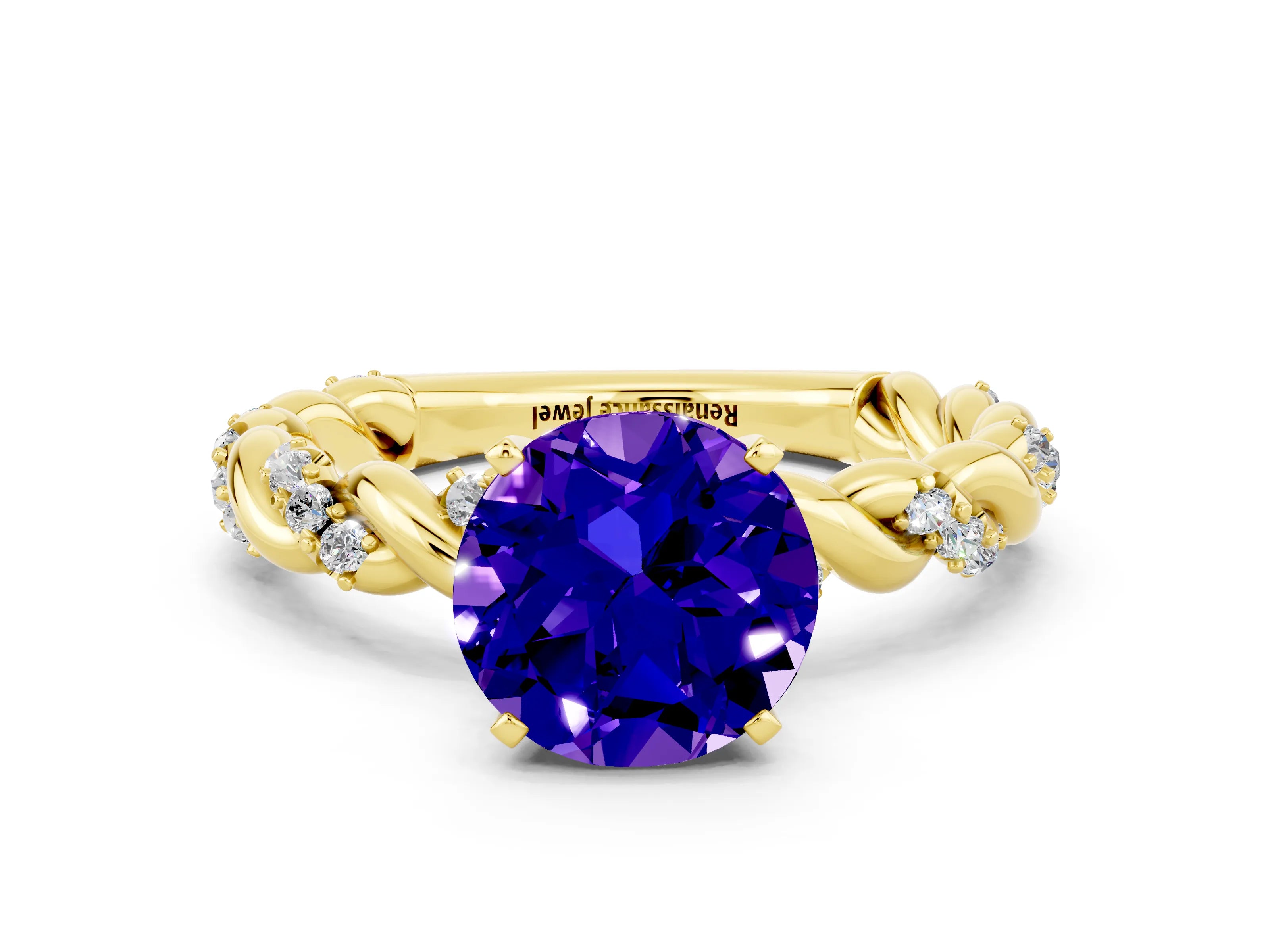 Yellow gold Round Cut Tanzanite Solitaire Ring with Twisted Band and Pavé Accents