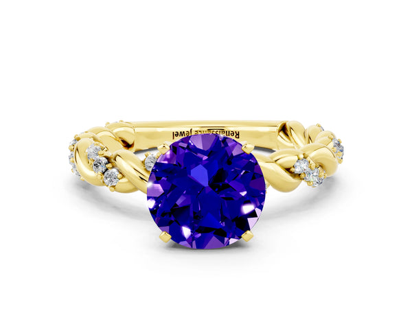 Yellow gold Round Cut Tanzanite Solitaire Ring with Twisted Band and Pavé Accents