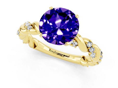 Yellow gold Round Cut Tanzanite Solitaire Ring with Twisted Band and Pavé Accents_1