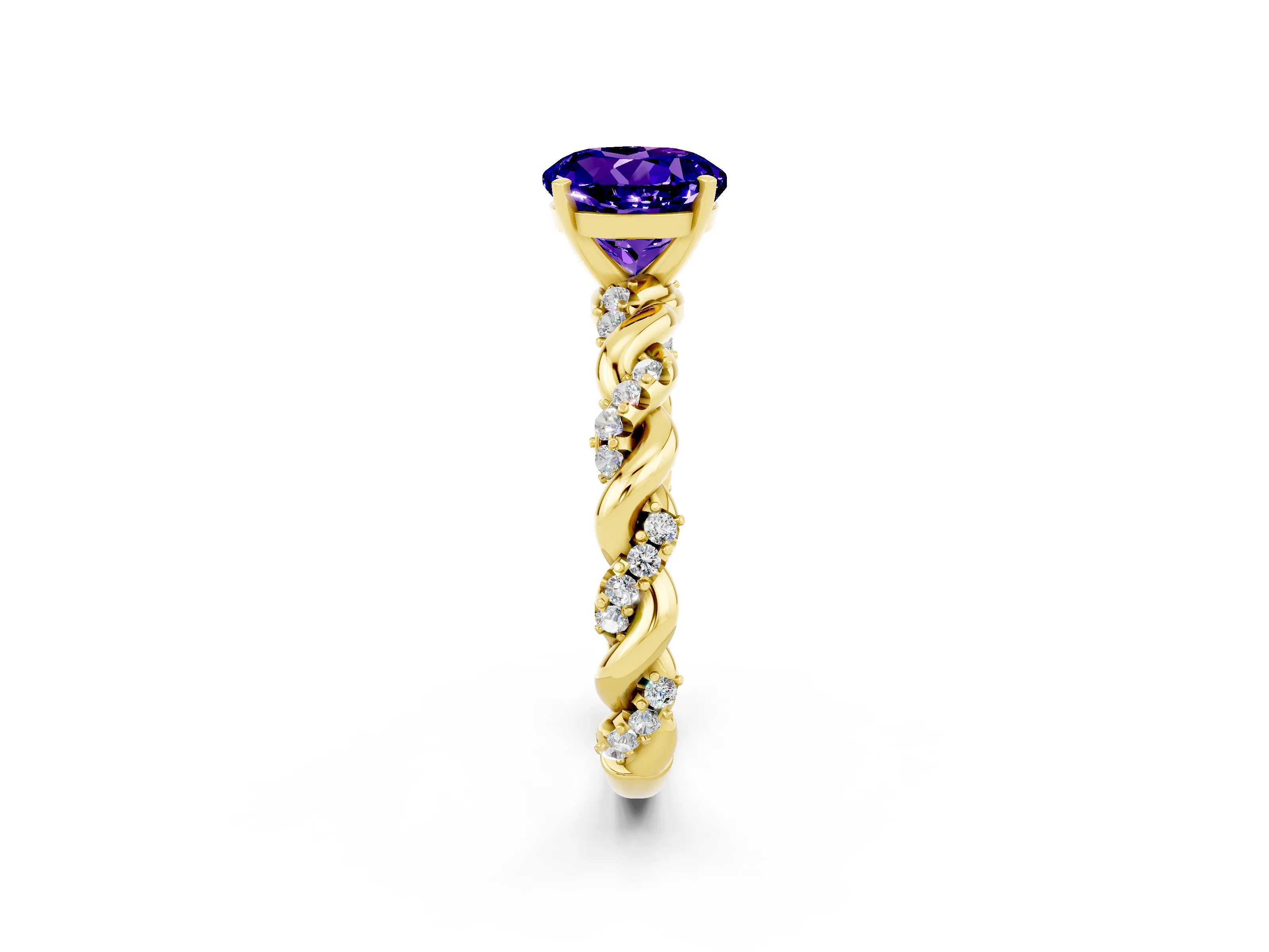 Yellow gold Round Cut Tanzanite Solitaire Ring with Twisted Band and Pavé Accents_2