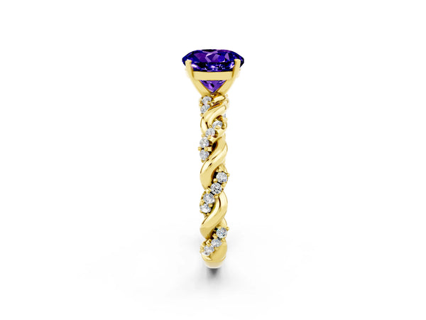 Yellow gold Round Cut Tanzanite Solitaire Ring with Twisted Band and Pavé Accents