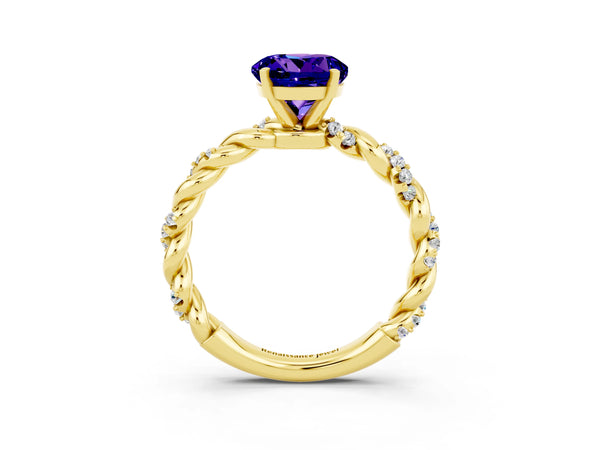 Yellow gold Round Cut Tanzanite Solitaire Ring with Twisted Band and Pavé Accents