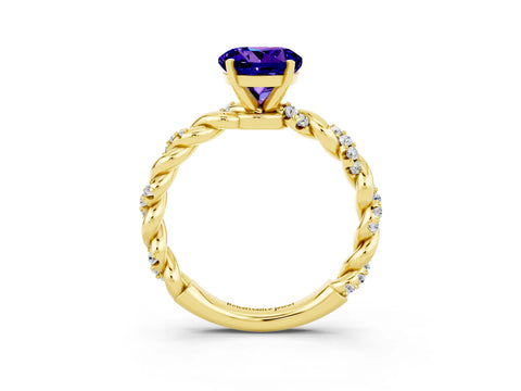 Yellow gold Round Cut Tanzanite Solitaire Ring with Twisted Band and Pavé Accents_3