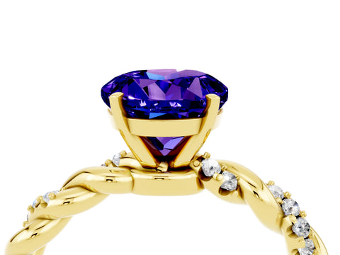 Yellow gold Round Cut Tanzanite Solitaire Ring with Twisted Band and Pavé Accents_4