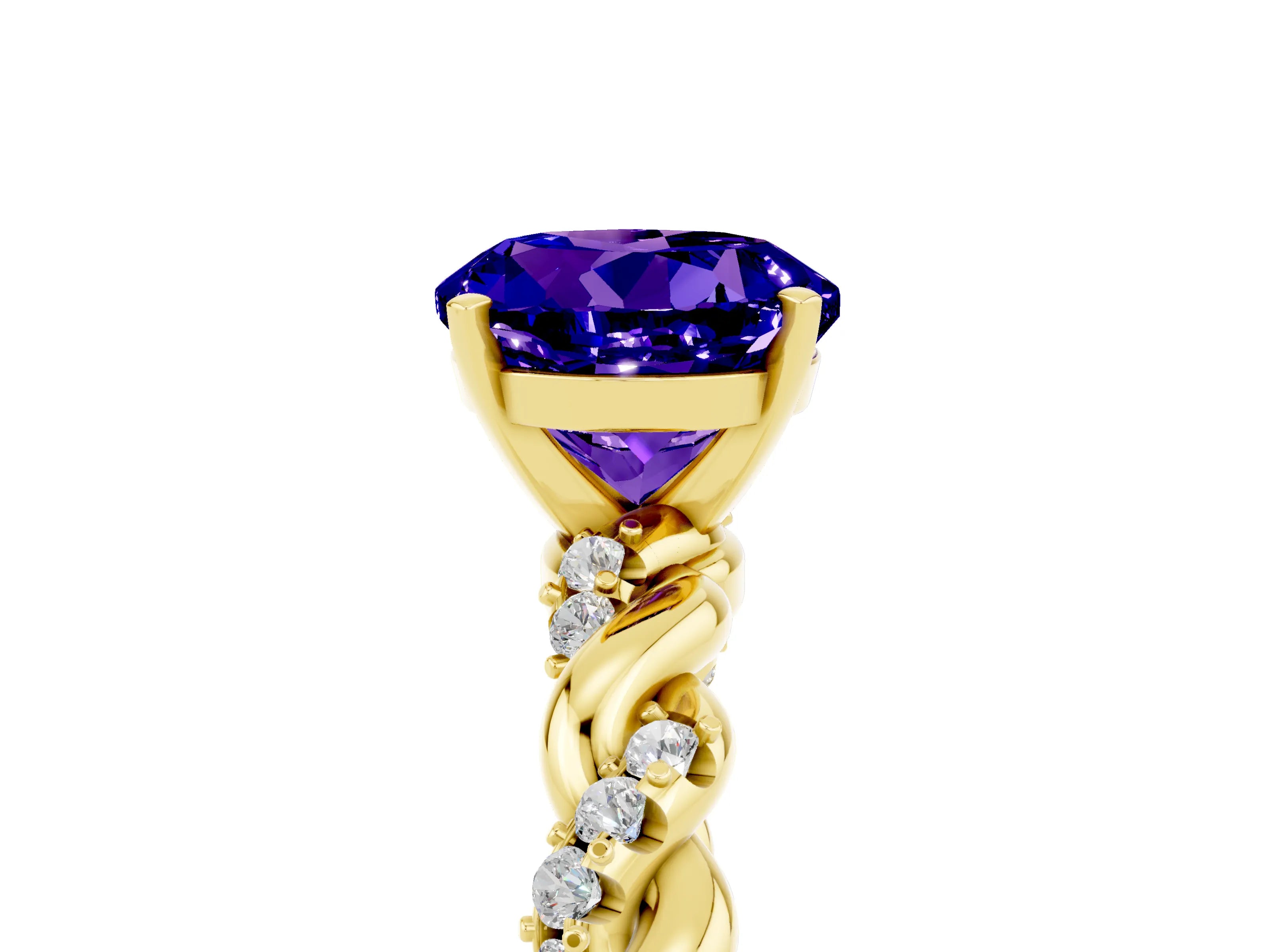 Yellow gold Round Cut Tanzanite Solitaire Ring with Twisted Band and Pavé Accents_5