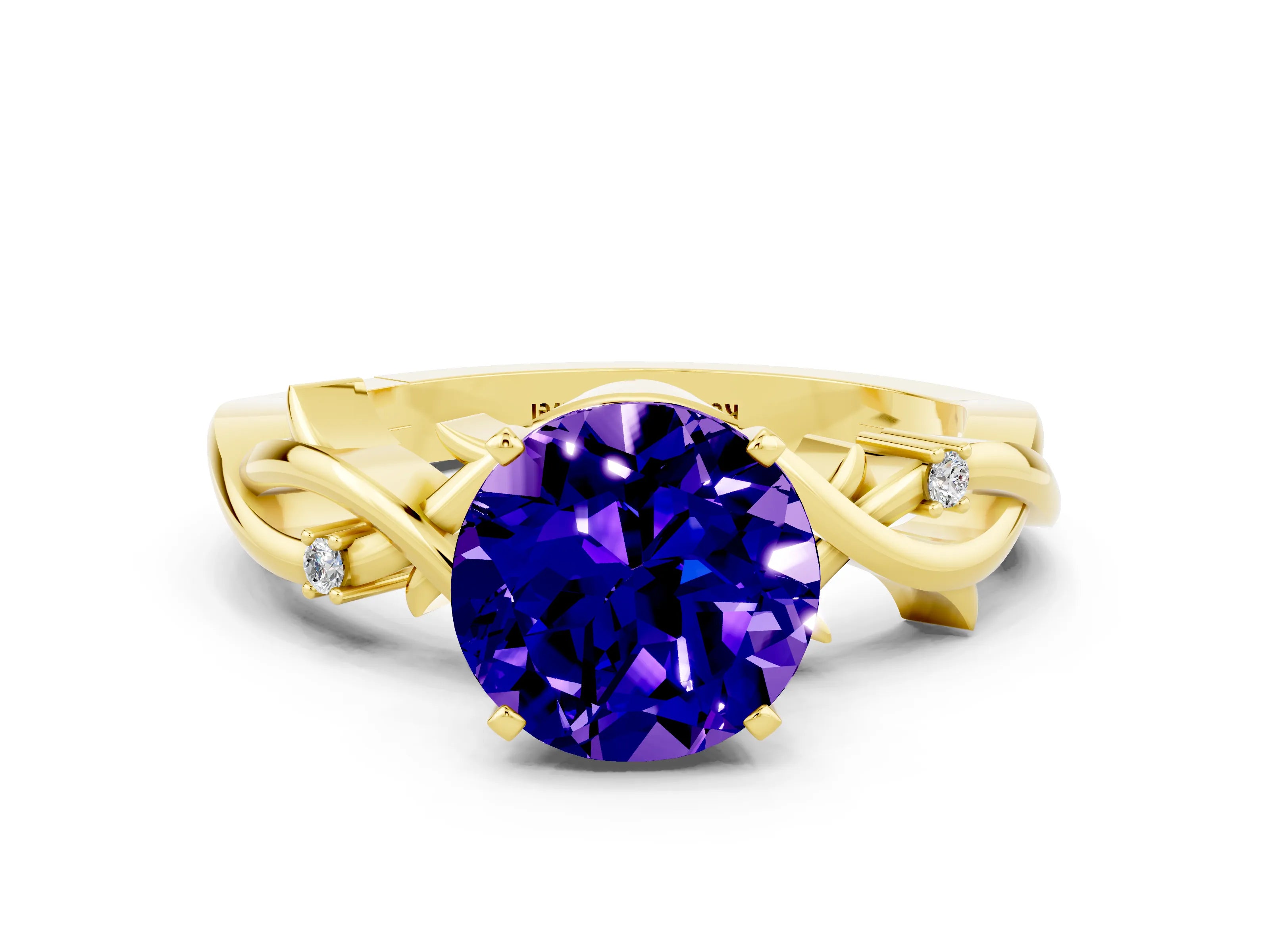 Yellow gold Round Cut Tanzanite Solitaire Ring with Twisted Band and Prong Setting