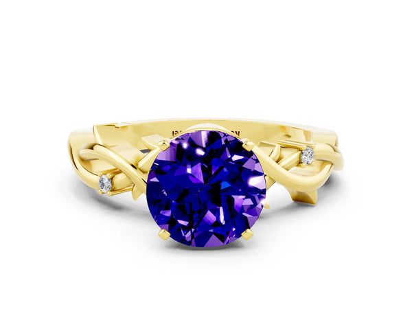 Yellow gold Round Cut Tanzanite Solitaire Ring with Twisted Band and Prong Setting
