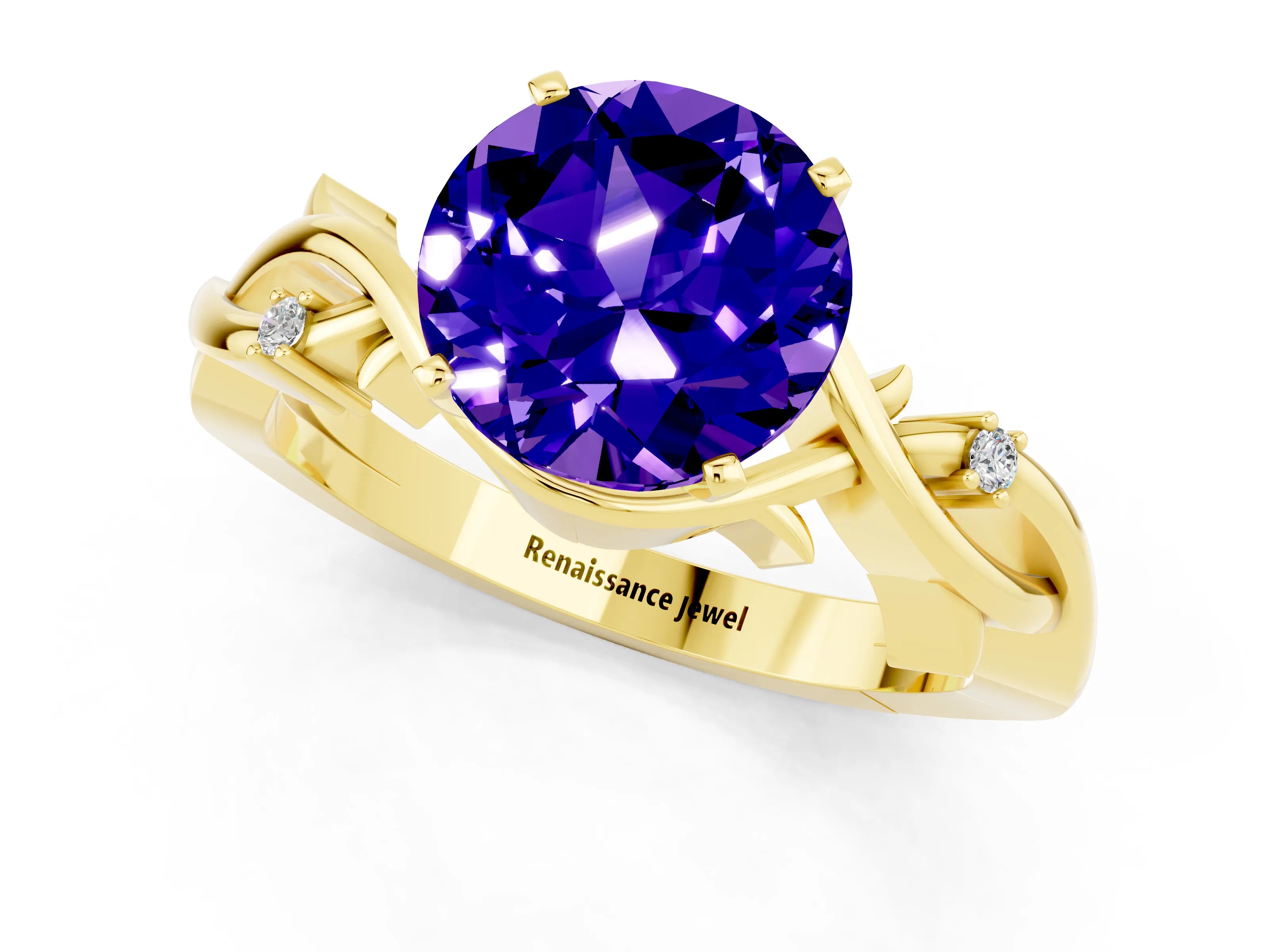 Yellow gold Round Cut Tanzanite Solitaire Ring with Twisted Band and Prong Setting_1
