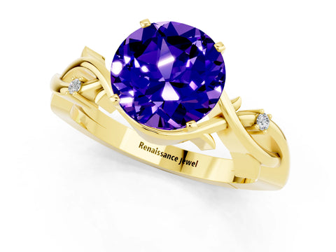 Yellow gold Round Cut Tanzanite Solitaire Ring with Twisted Band and Prong Setting_1