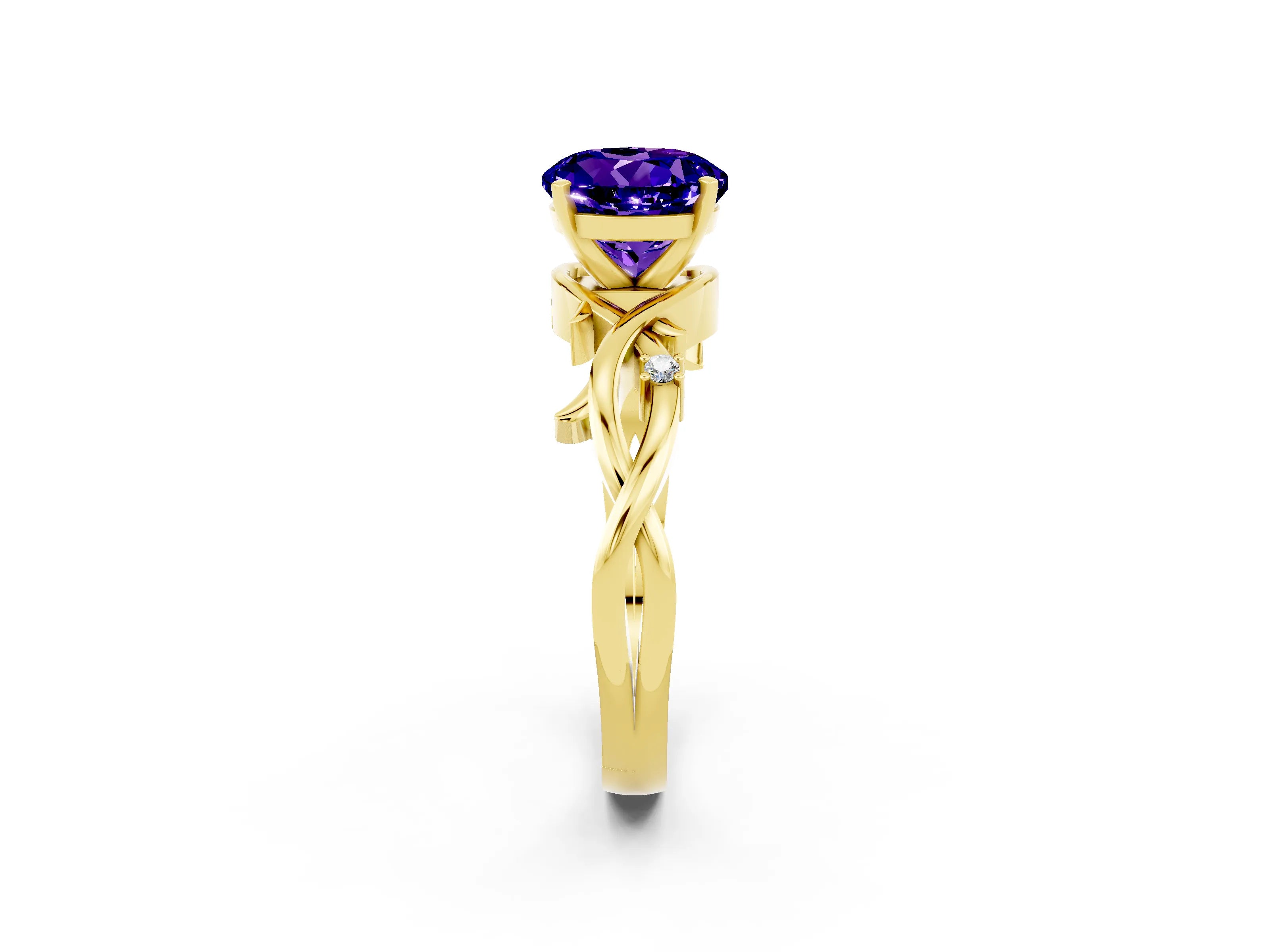 Yellow gold Round Cut Tanzanite Solitaire Ring with Twisted Band and Prong Setting_2