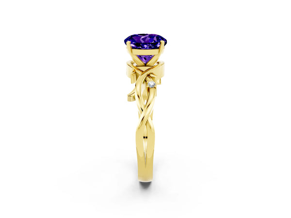 Yellow gold Round Cut Tanzanite Solitaire Ring with Twisted Band and Prong Setting