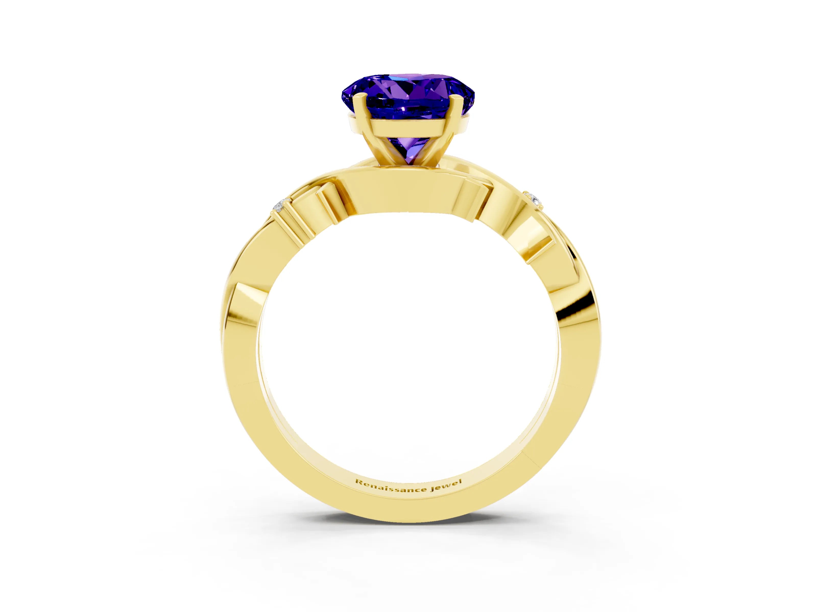 Yellow gold Round Cut Tanzanite Solitaire Ring with Twisted Band and Prong Setting_3