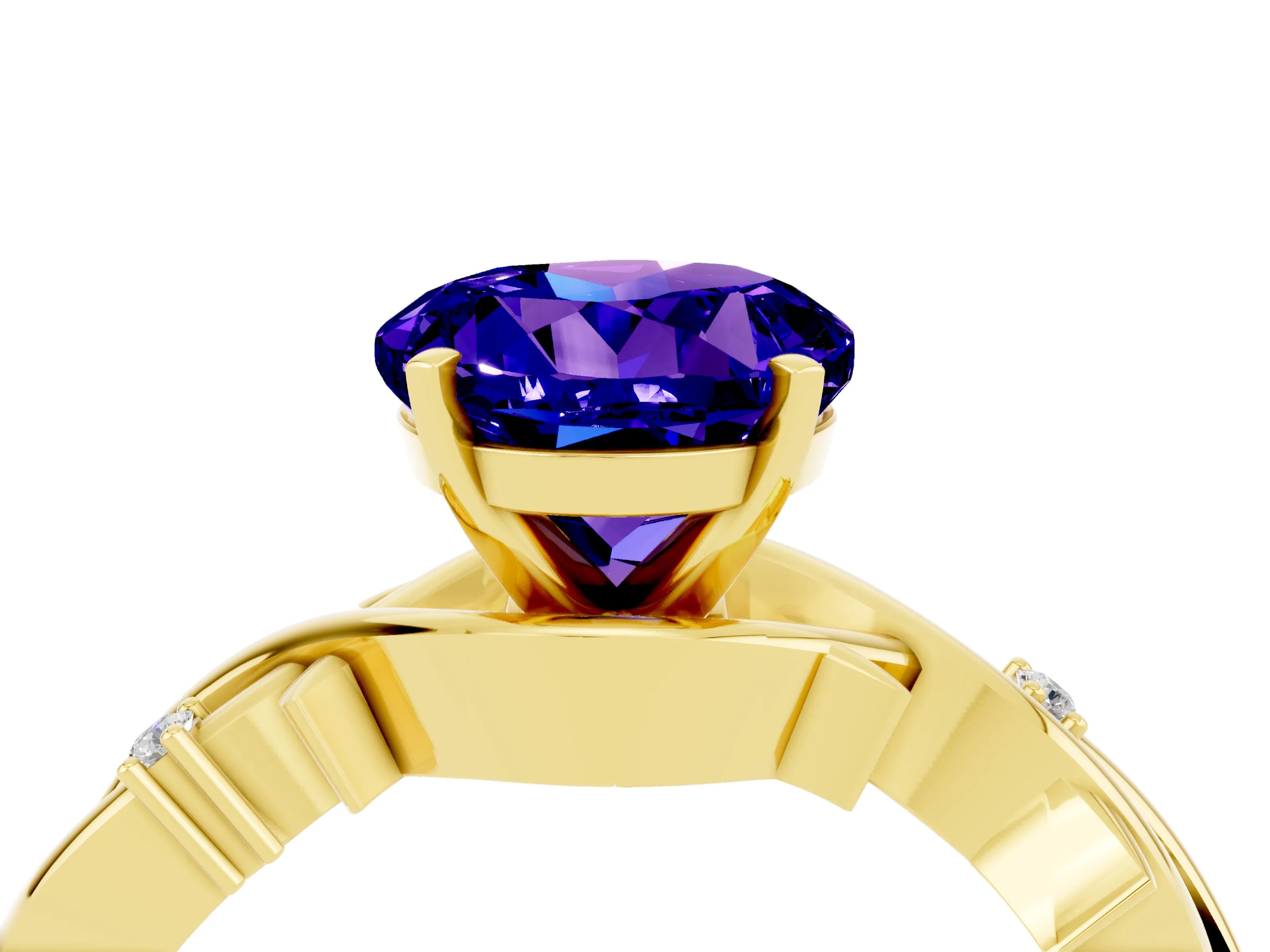 Yellow gold Round Cut Tanzanite Solitaire Ring with Twisted Band and Prong Setting_4