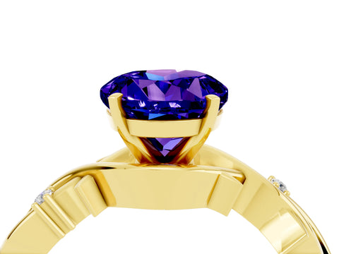 Yellow gold Round Cut Tanzanite Solitaire Ring with Twisted Band and Prong Setting_4