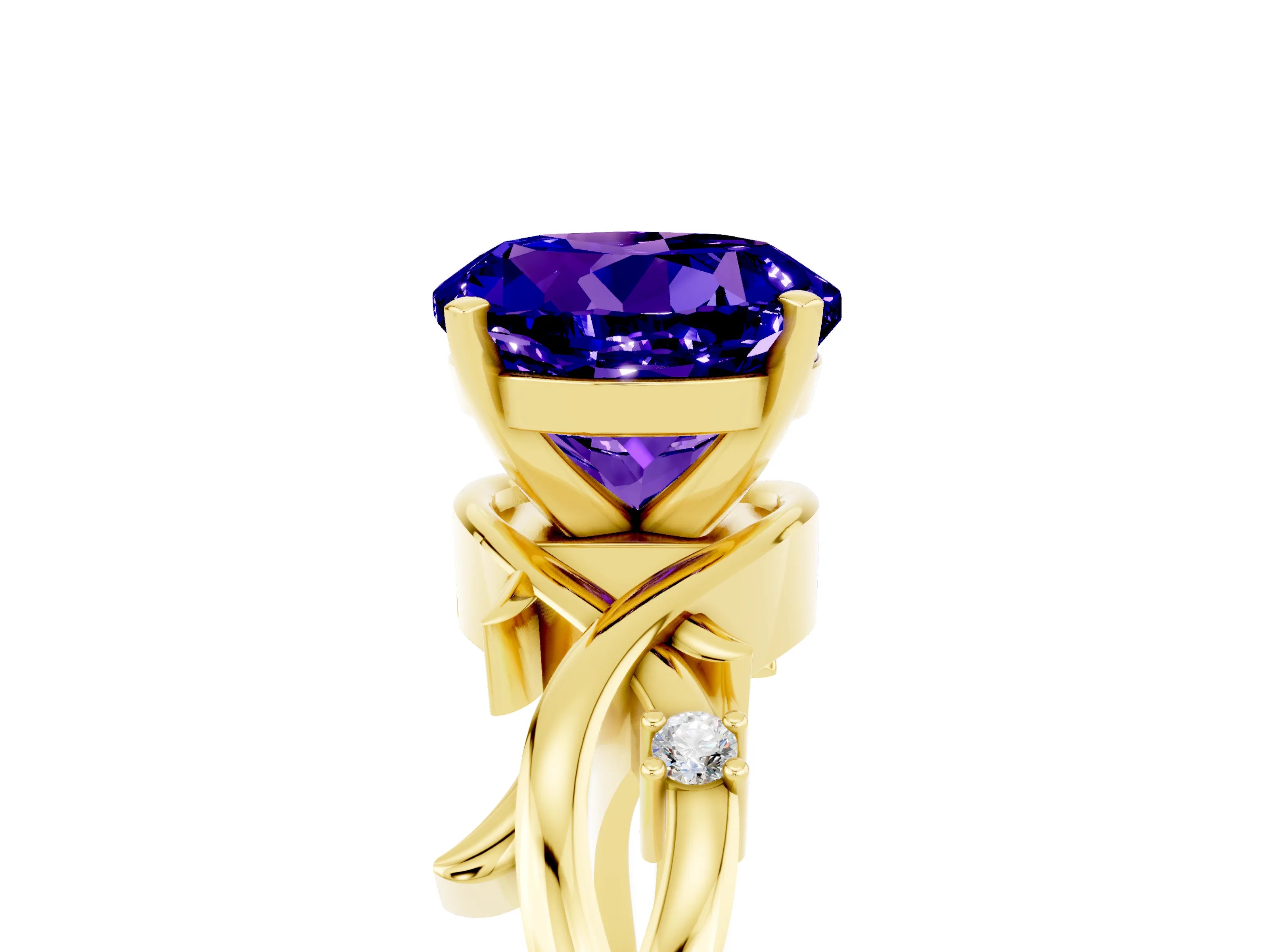 Yellow gold Round Cut Tanzanite Solitaire Ring with Twisted Band and Prong Setting_5