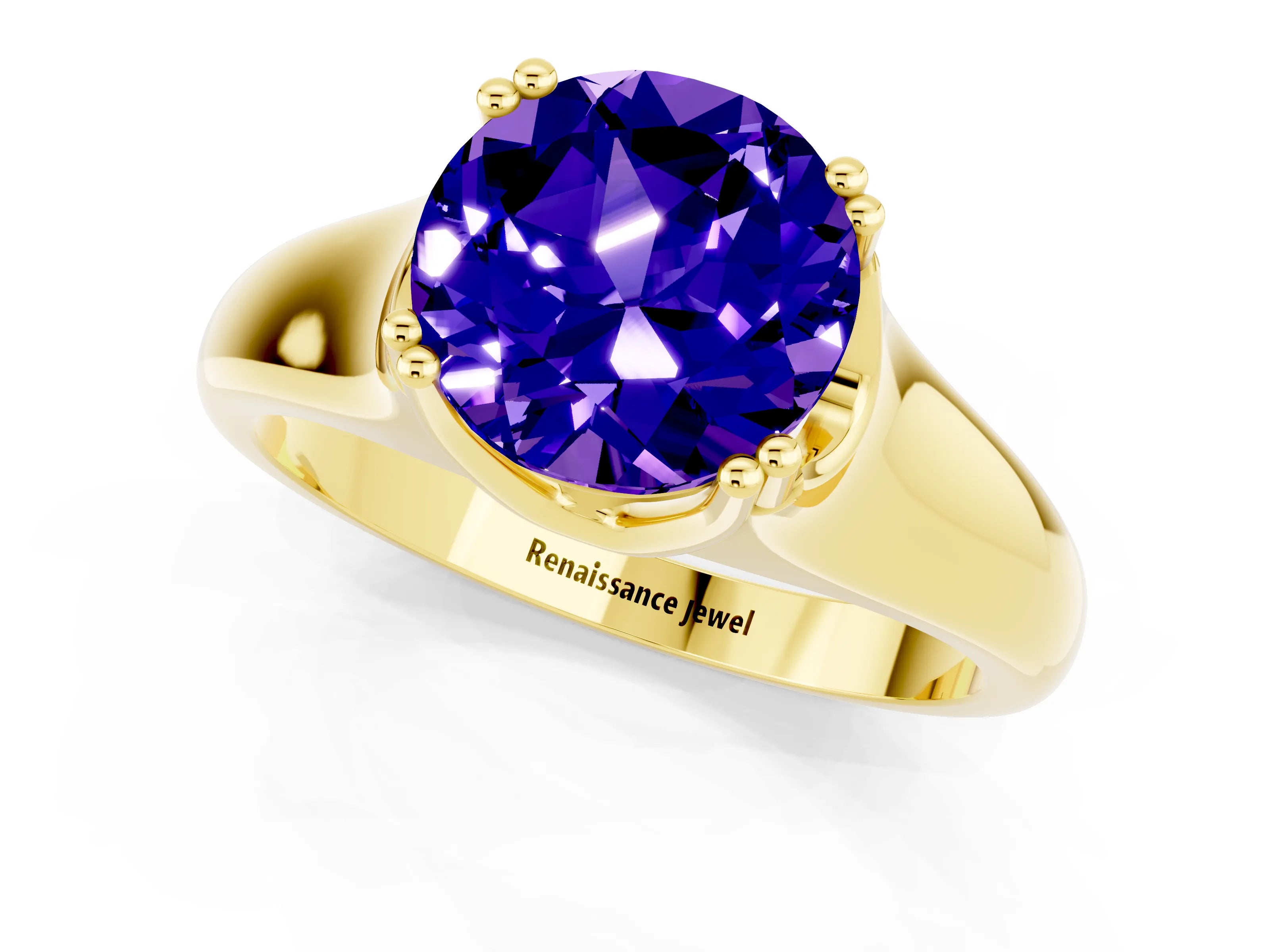 Yellow gold Round Cut Tanzanite Solitaire Ring with Wide Band and Prong Setting_1