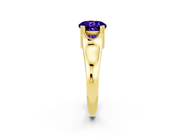 Yellow gold Round Cut Tanzanite Solitaire Ring with Wide Band and Prong Setting