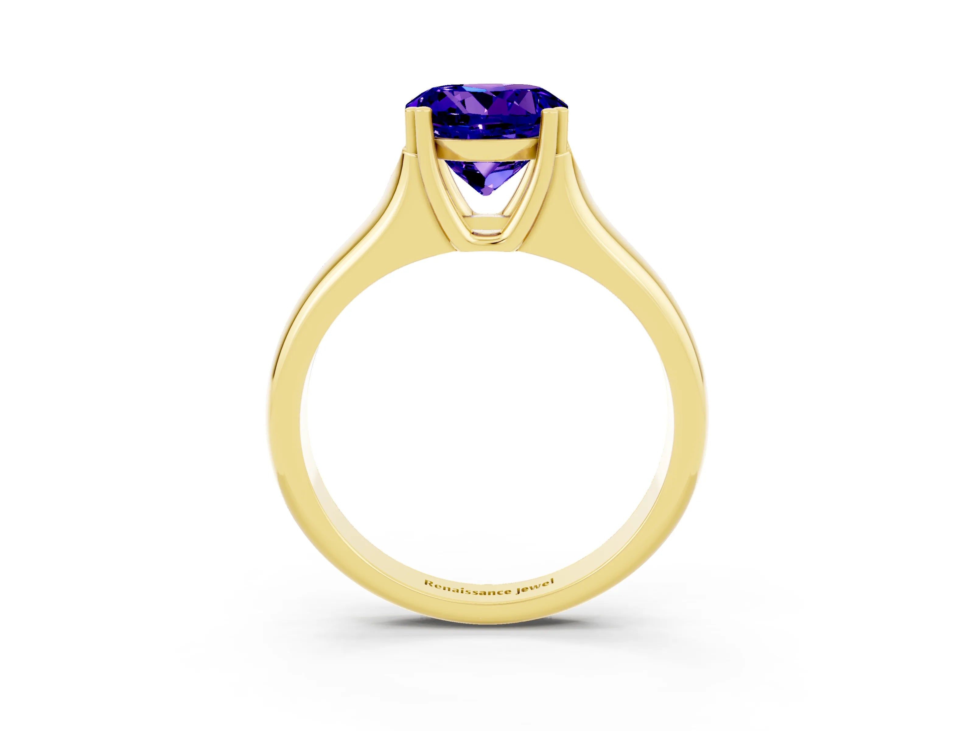 Yellow gold Round Cut Tanzanite Solitaire Ring with Wide Band and Prong Setting_3