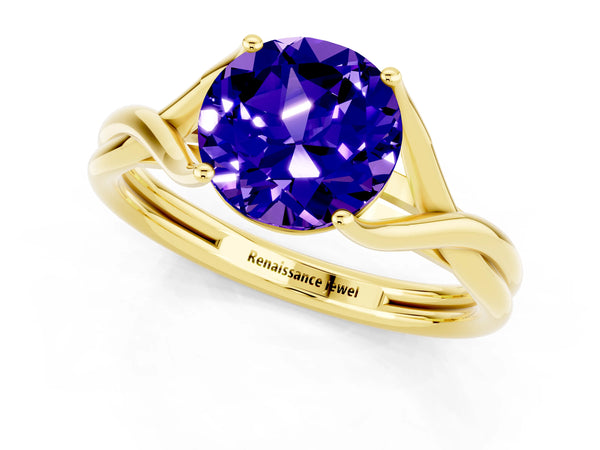Yellow gold Round Cut Tanzanite Solitaire Twist Band Prong Setting Ring