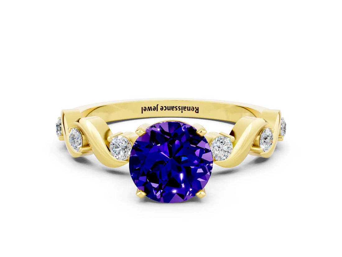 Yellow gold Round Cut Tanzanite Solitaire Twisted Band with Round  Accents and Prong Setting_12