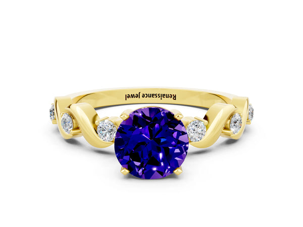 Yellow gold Round Cut Tanzanite Solitaire Twisted Band with Round  Accents and Prong Setting