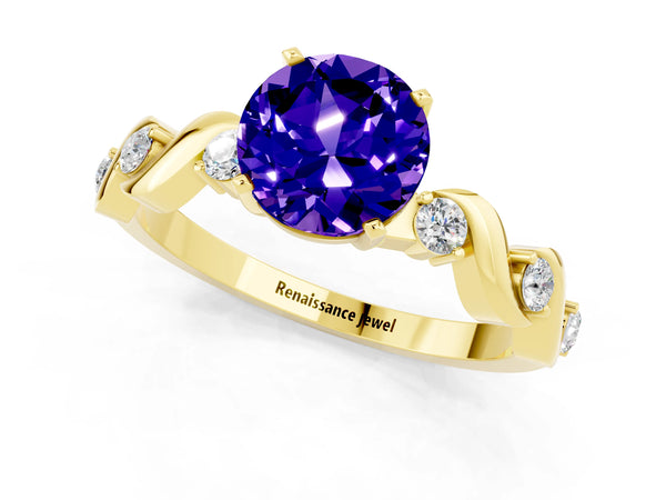 Yellow gold Round Cut Tanzanite Solitaire Twisted Band with Round  Accents and Prong Setting