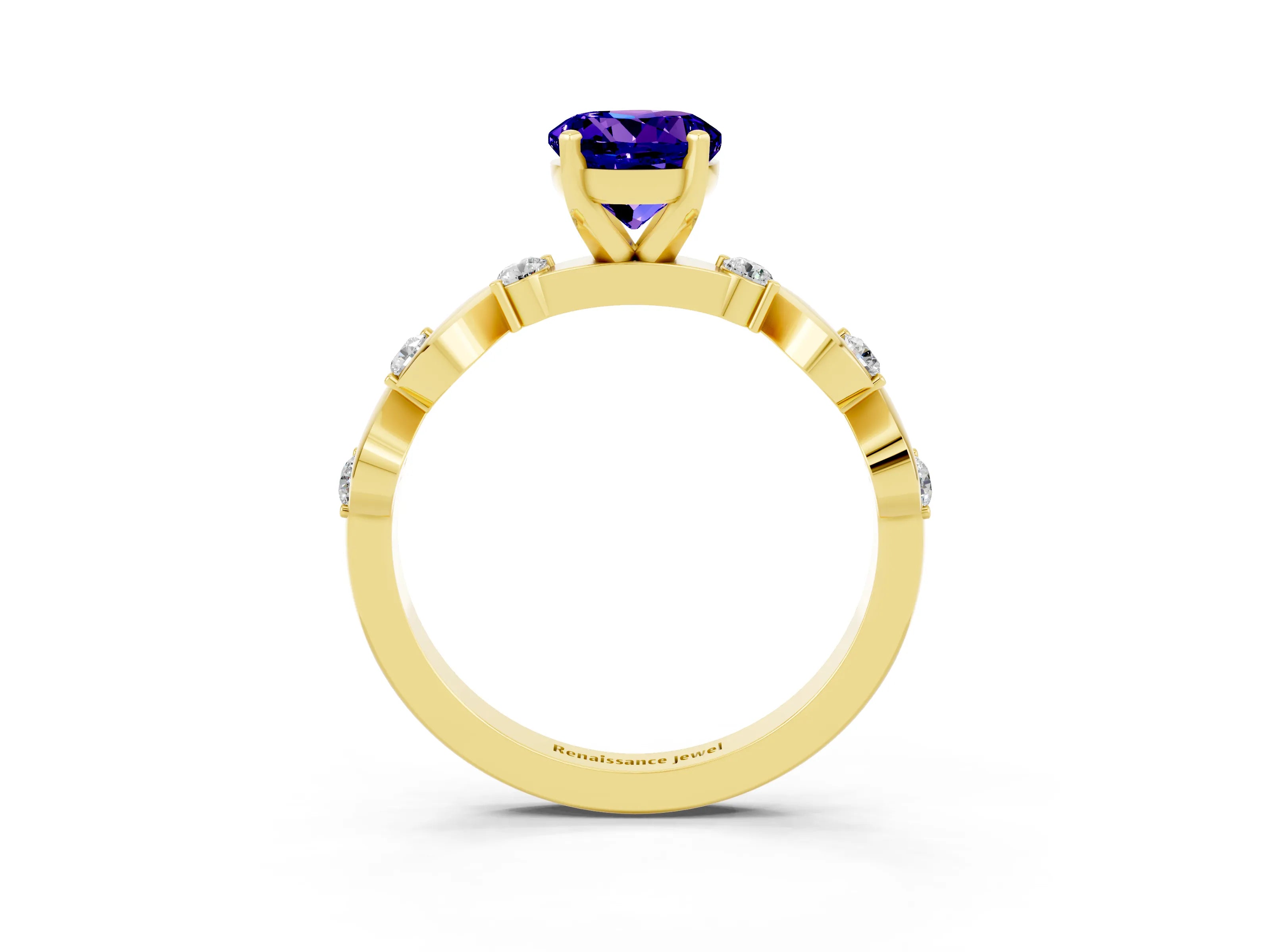 Yellow gold Round Cut Tanzanite Solitaire Twisted Band with Round  Accents and Prong Setting_15