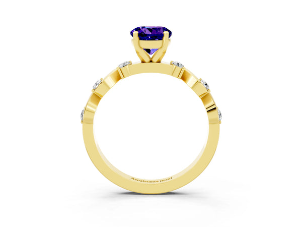 Yellow gold Round Cut Tanzanite Solitaire Twisted Band with Round  Accents and Prong Setting