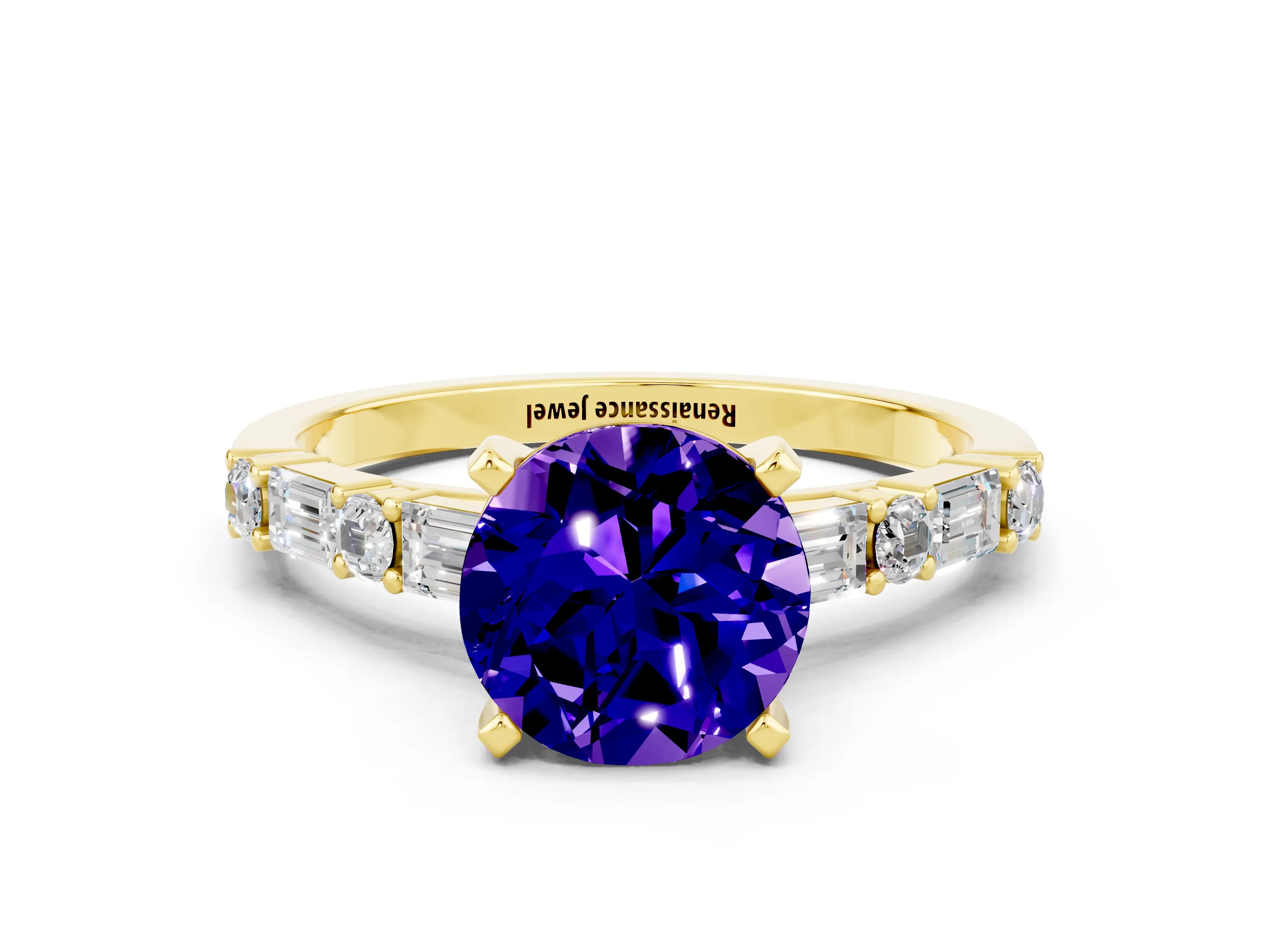 Yellow gold Round Cut Tanzanite Solitaire with Side Baguettes and Channel Set Band