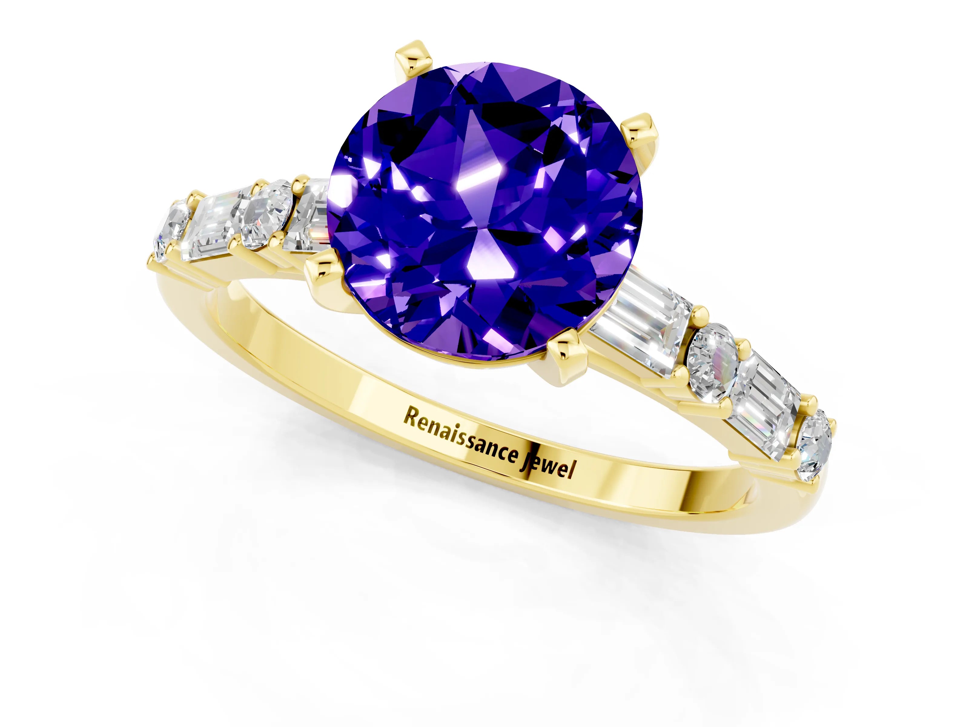 Yellow gold Round Cut Tanzanite Solitaire with Side Baguettes and Channel Set Band_1