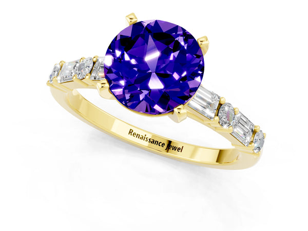 Yellow gold Round Cut Tanzanite Solitaire with Side Baguettes and Channel Set Band