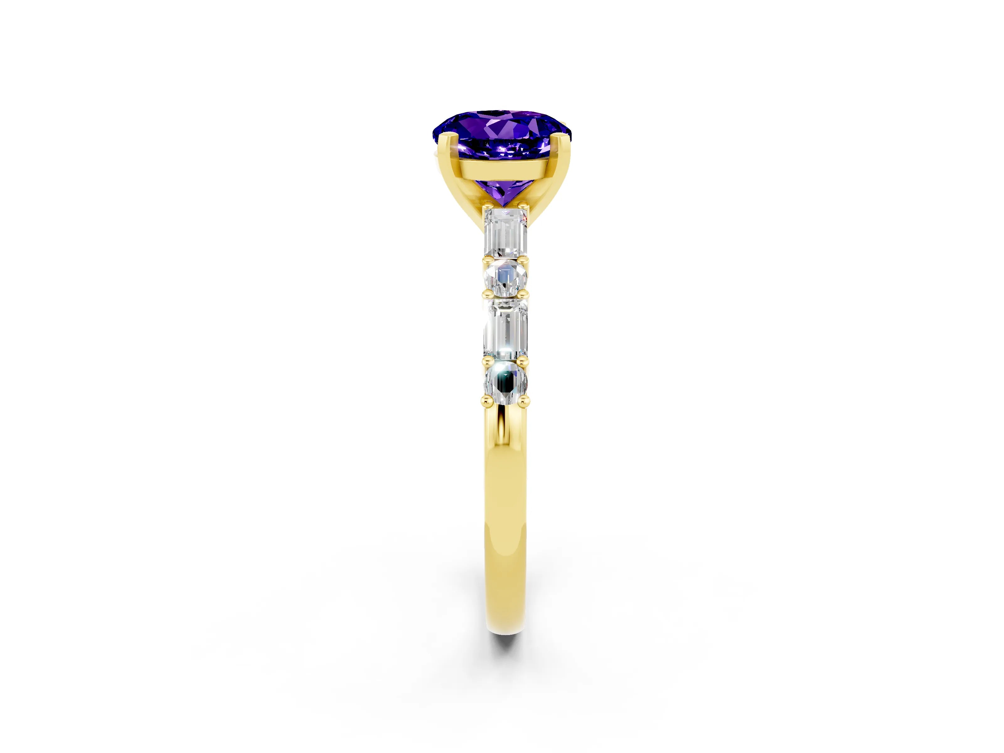 Yellow gold Round Cut Tanzanite Solitaire with Side Baguettes and Channel Set Band_2