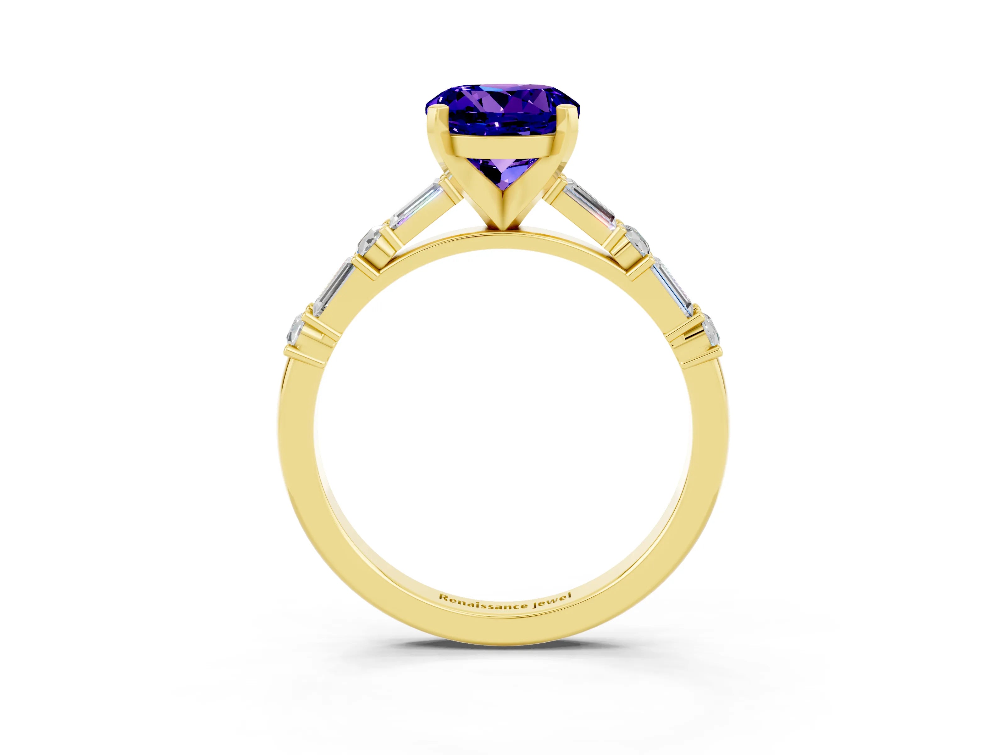 Yellow gold Round Cut Tanzanite Solitaire with Side Baguettes and Channel Set Band_3
