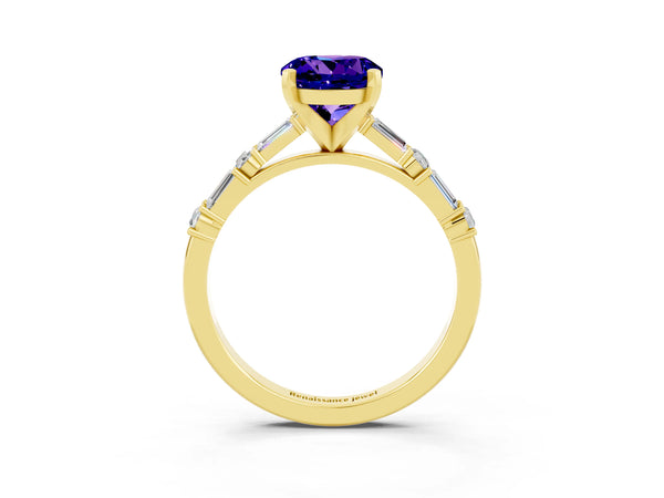 Yellow gold Round Cut Tanzanite Solitaire with Side Baguettes and Channel Set Band